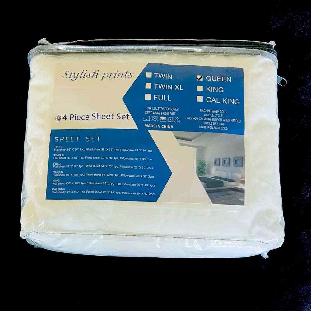 White 4 Piece Bed Sheet Set - Size Queen